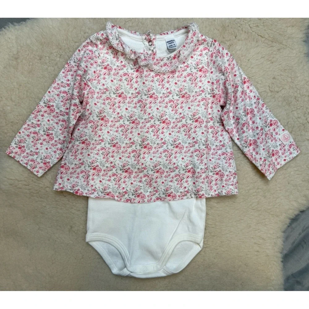 Petit Bateau Baby Girl 12M Floral Bodysuit Top Pink Rose Ruffle French Cotton